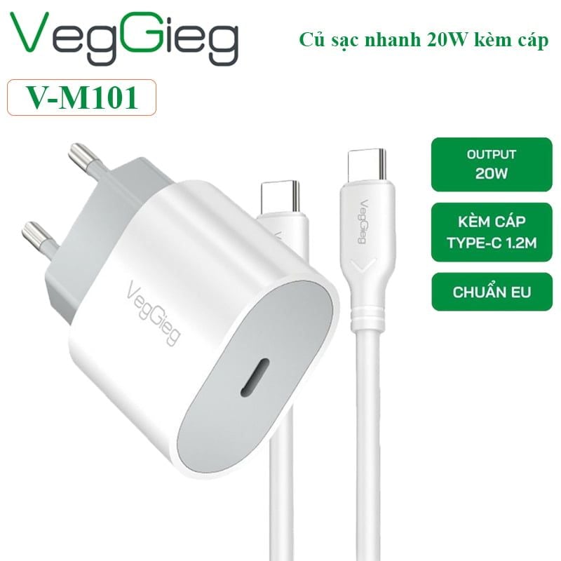 Bộ sạc nhanh 20W kèm cáp Type C dài 1.2M Veggieg V-M101