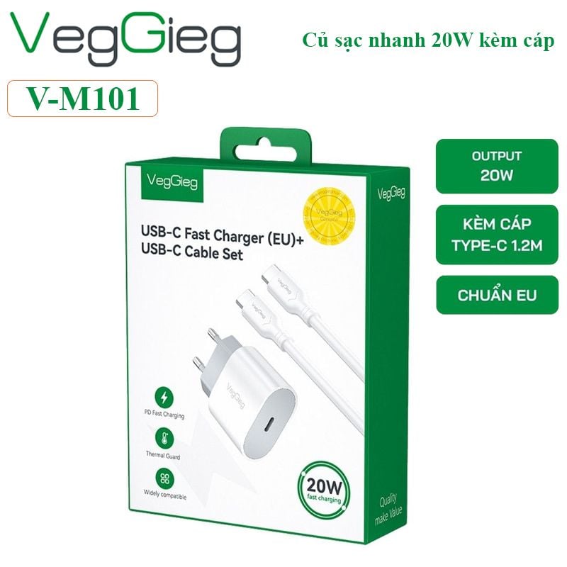 Bộ sạc nhanh 20W kèm cáp Type C dài 1.2M Veggieg V-M101