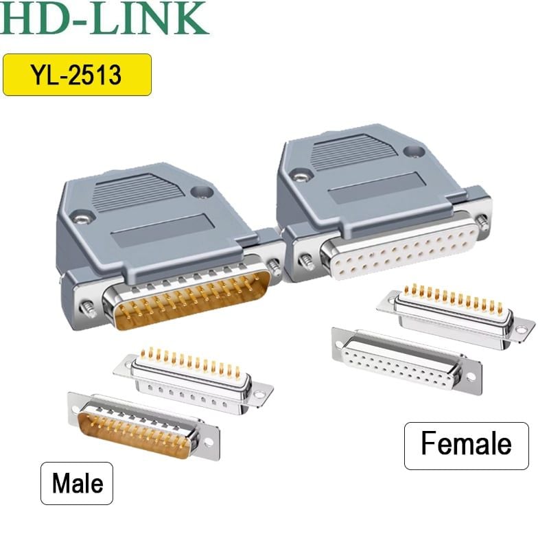 Đầu hàn Com RS232 DB25 chân đồng vỏ ốp nhựa cứng HD-Link YL-2513