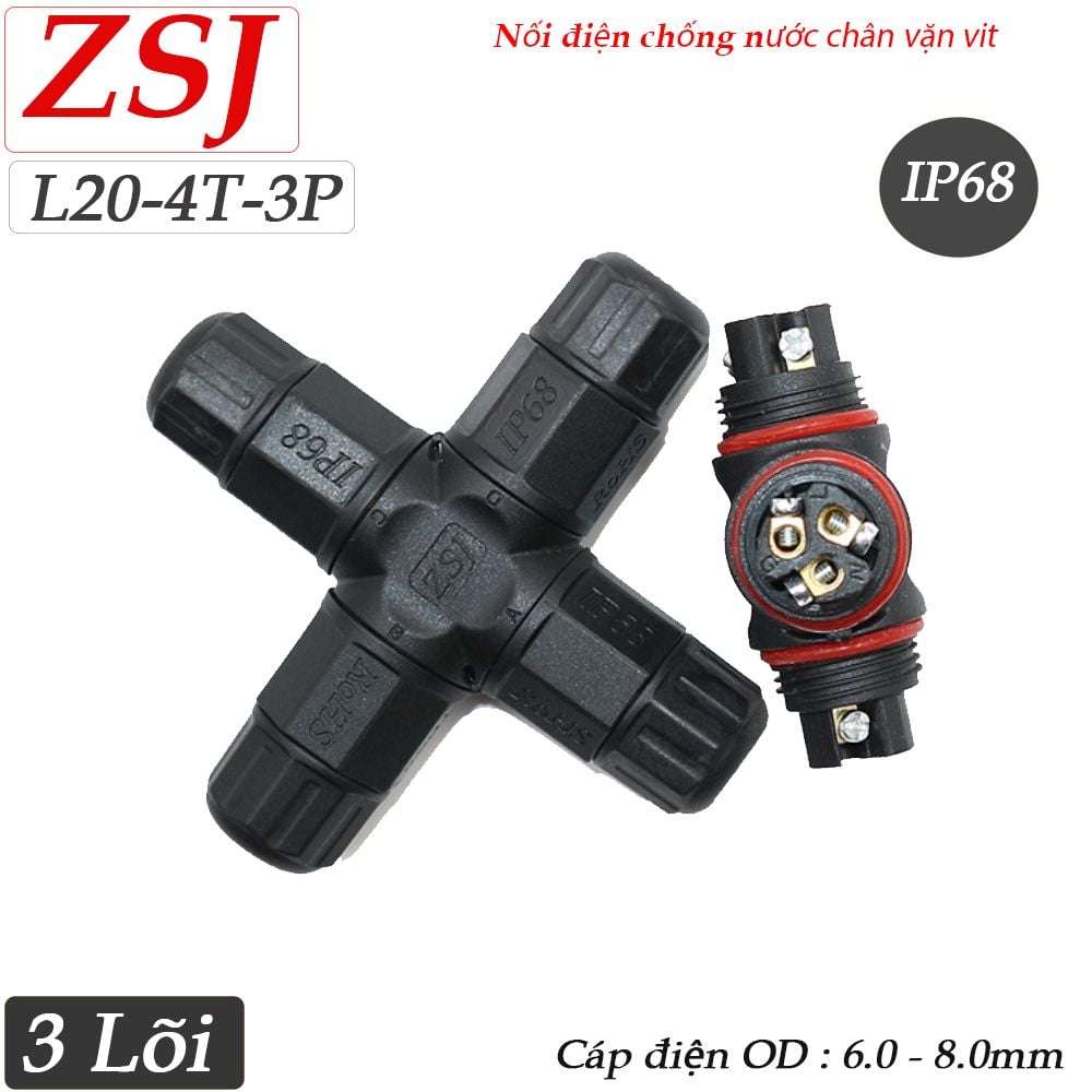Đầu chia điện chống nước 1 ra 3 IP68 chính hãng ZSJ L20-4T 2,3,4 pin