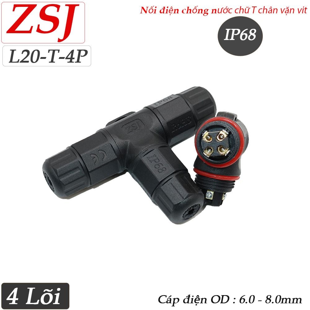 Đầu nối điện chống nước 3 ngả chữ T IP68 chính hãng ZSJ L20-T 2,3,4 pin