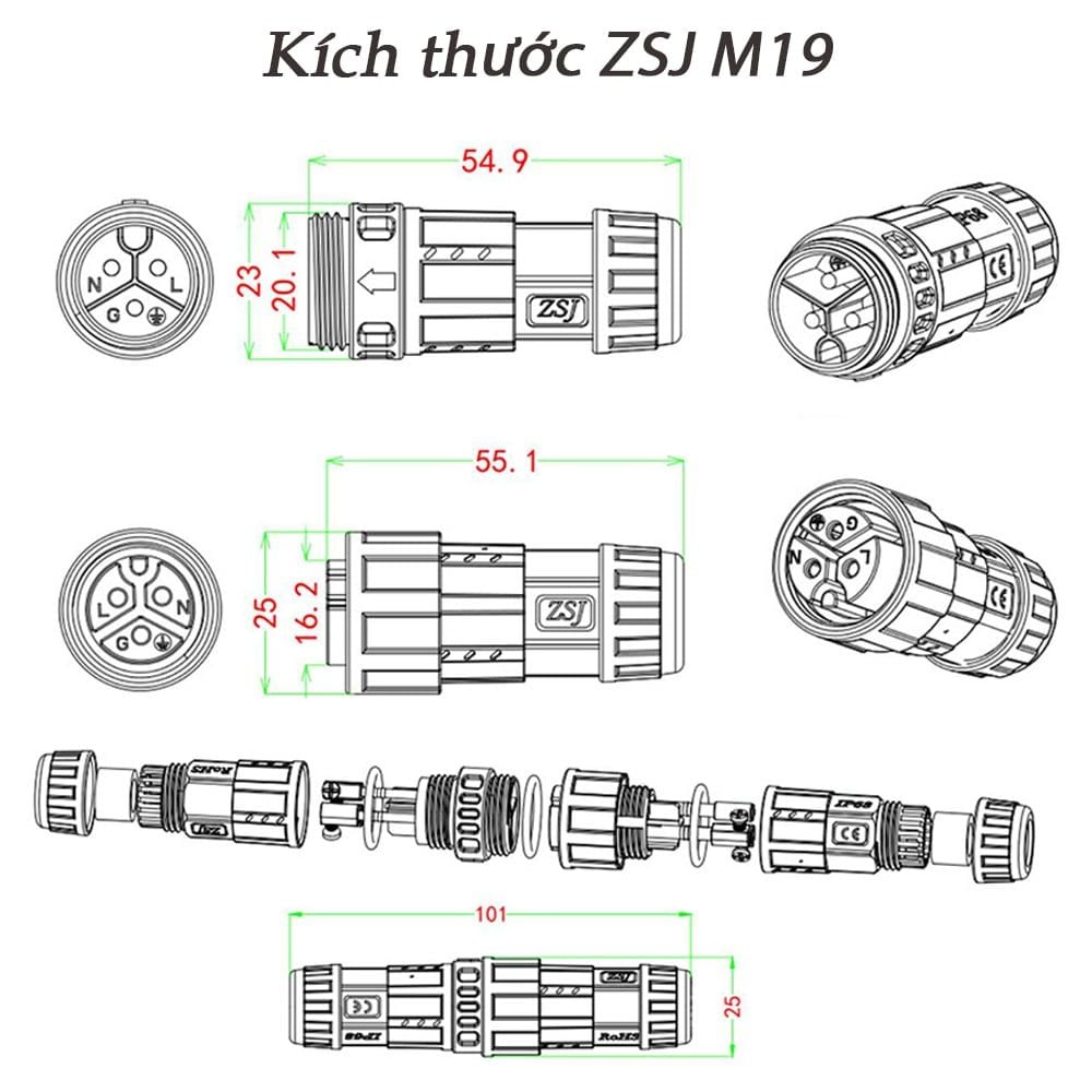 Đầu nối dây điện ngoài trời chống nước M19 2,3,4,5 lõi