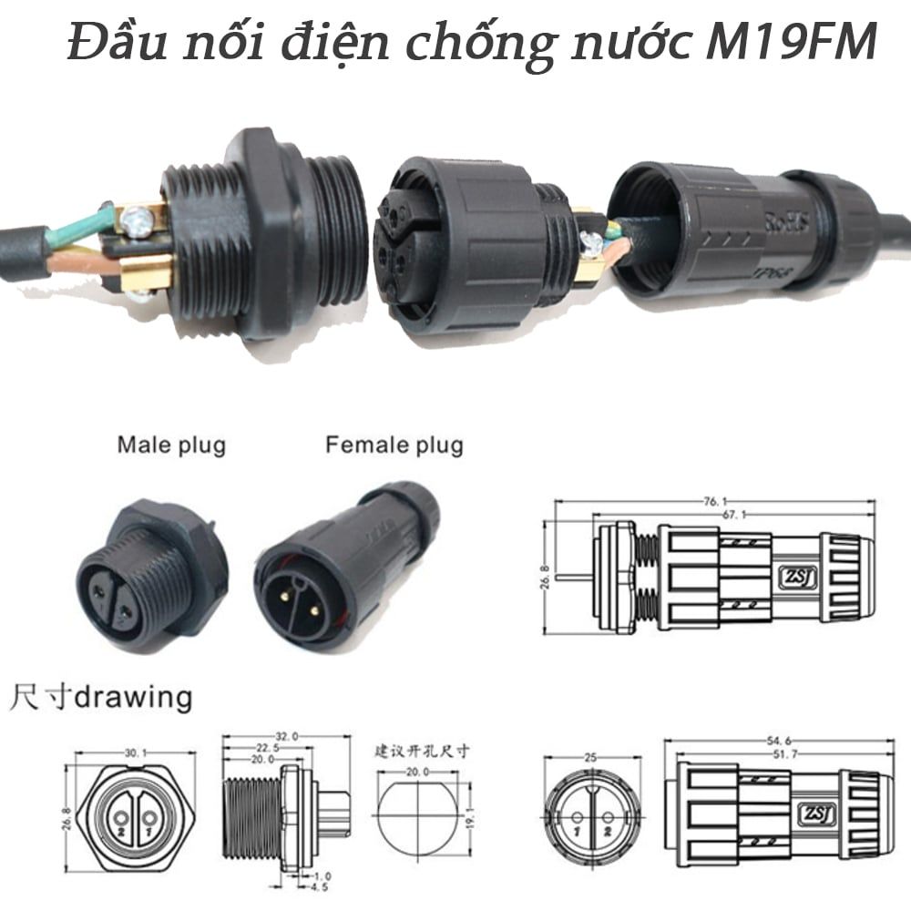 Đầu nối dây điện chống nước lắp bảng điều khiển M19-MF/FM