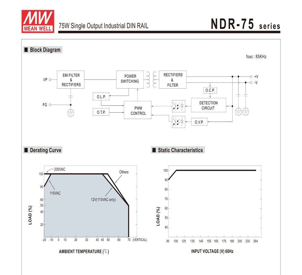 Nguồn DC công nghiệp 24v Meanwell NDR-75-24 24V 3.2A 75W