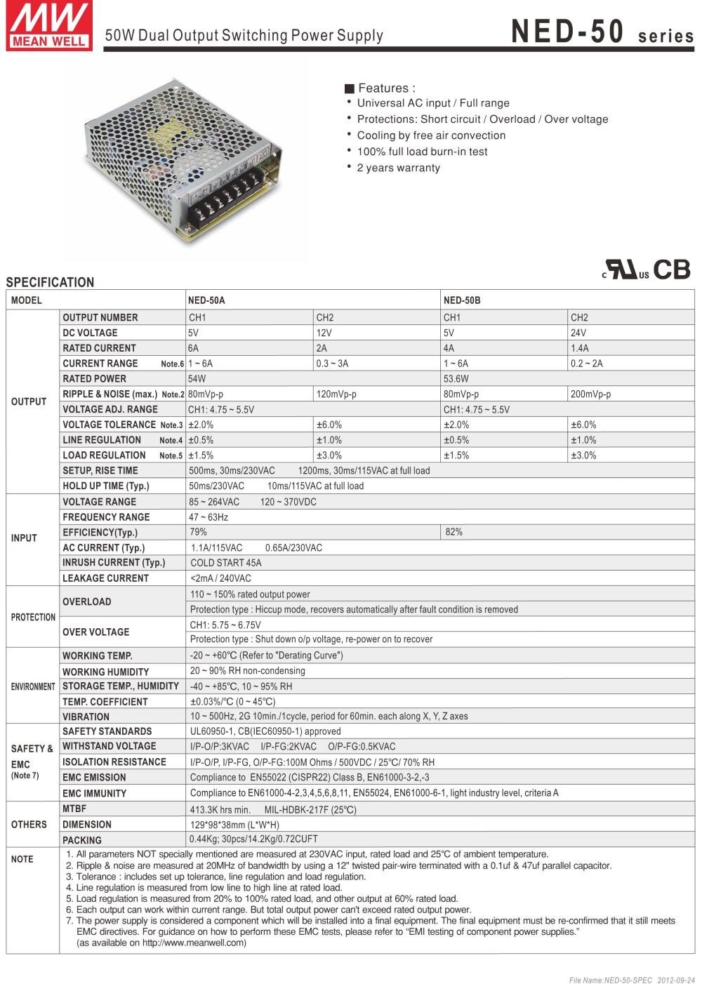 Nguồn DC LED 2 trong 1 24V 5V Meanwell NED-50B Đài Loan