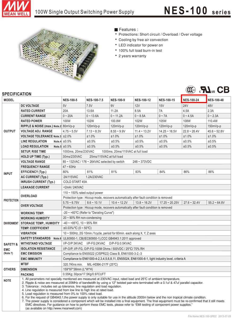 Nguồn DC LED 24V Meanwell NES-100-24 24V 4.5A 100W