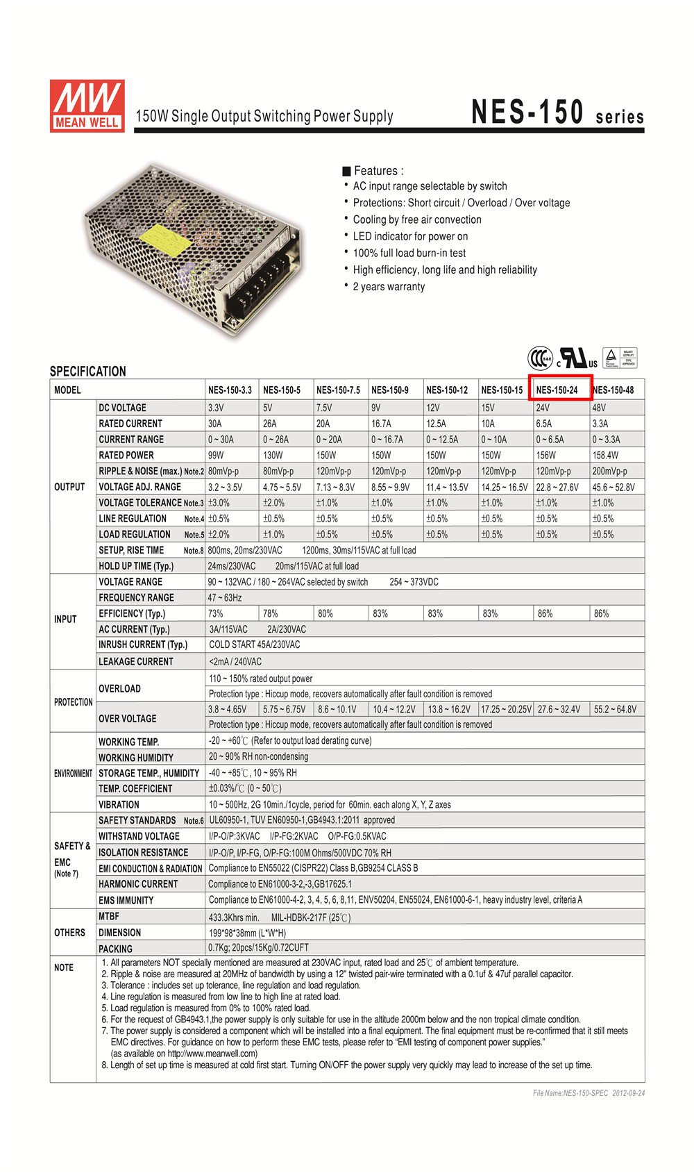 Nguồn DC LED 24V Meanwell NES-150-24 24V 6.5A 150W
