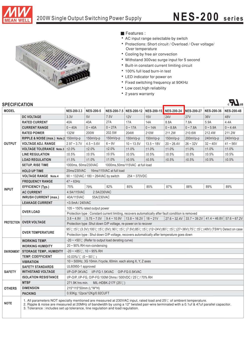 Nguồn DC LED 24V Meanwell NES-200-24 24V 8.8A 200W