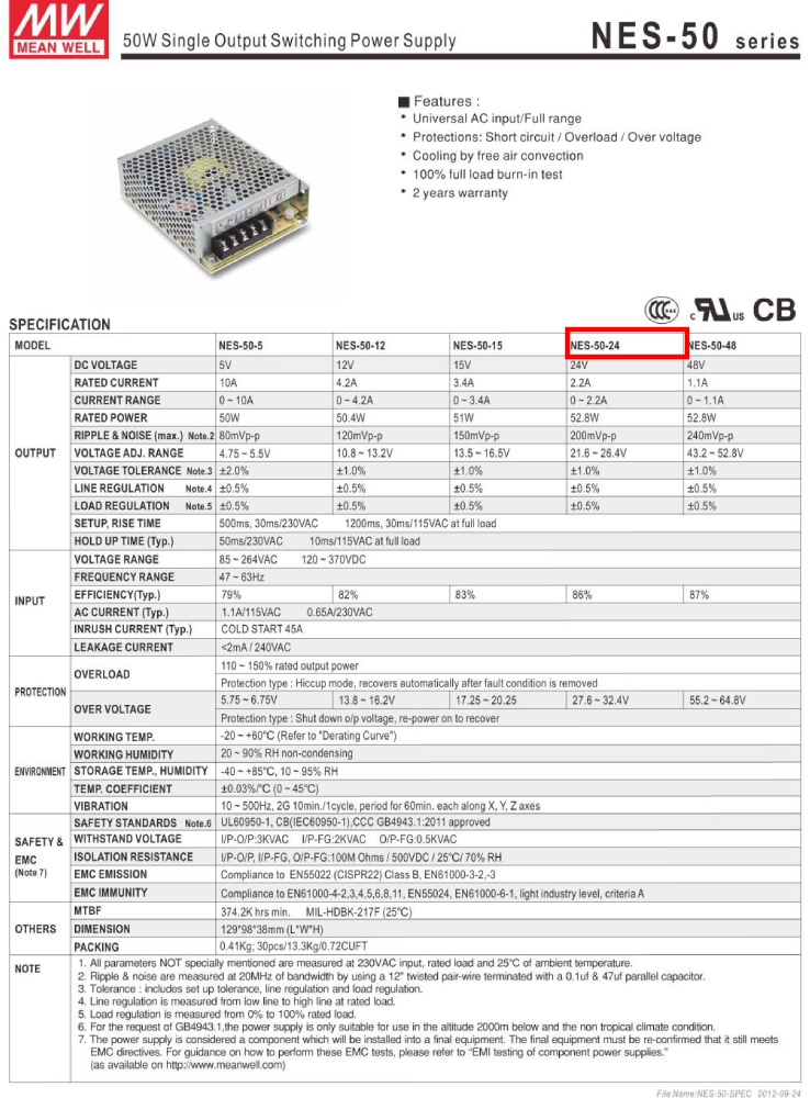 Nguồn DC LED 24V Meanwell NES-50-24 24V 2.2A 50W