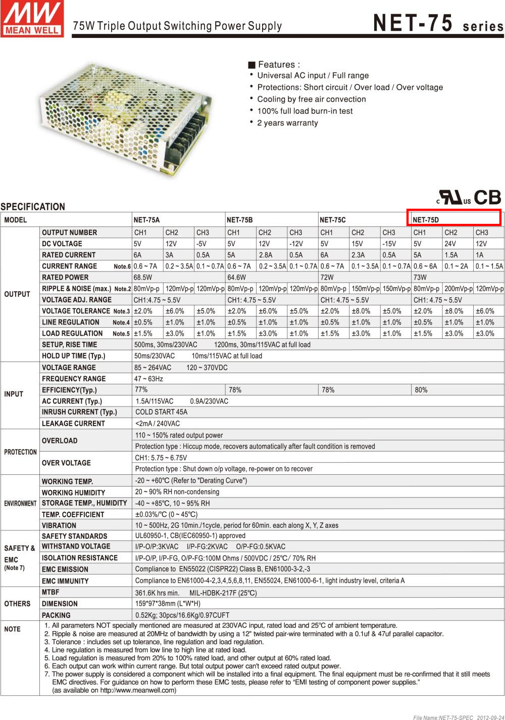 Nguồn DC LED 3 trong 1 24V 12V 5V Meanwell NET-75D Đài Loan
