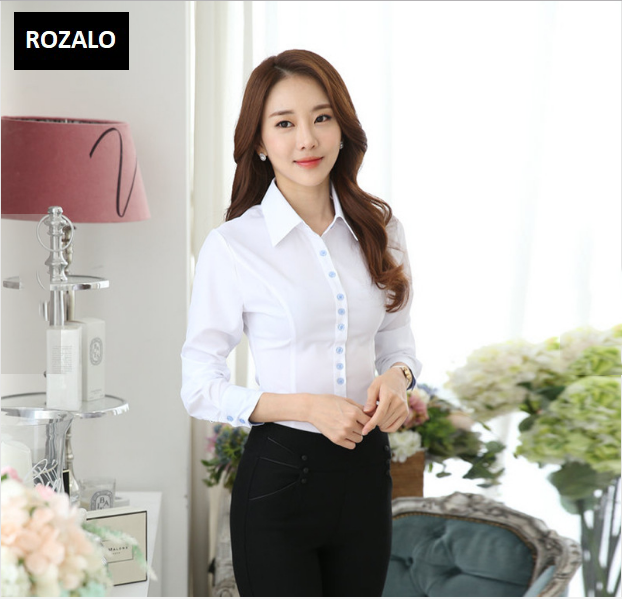Ao Sơ Mi Nữ Dai Tay Thời Trang Cong Sở Rozalo Rw21485xw Xanh Phối Tr Rozalo
