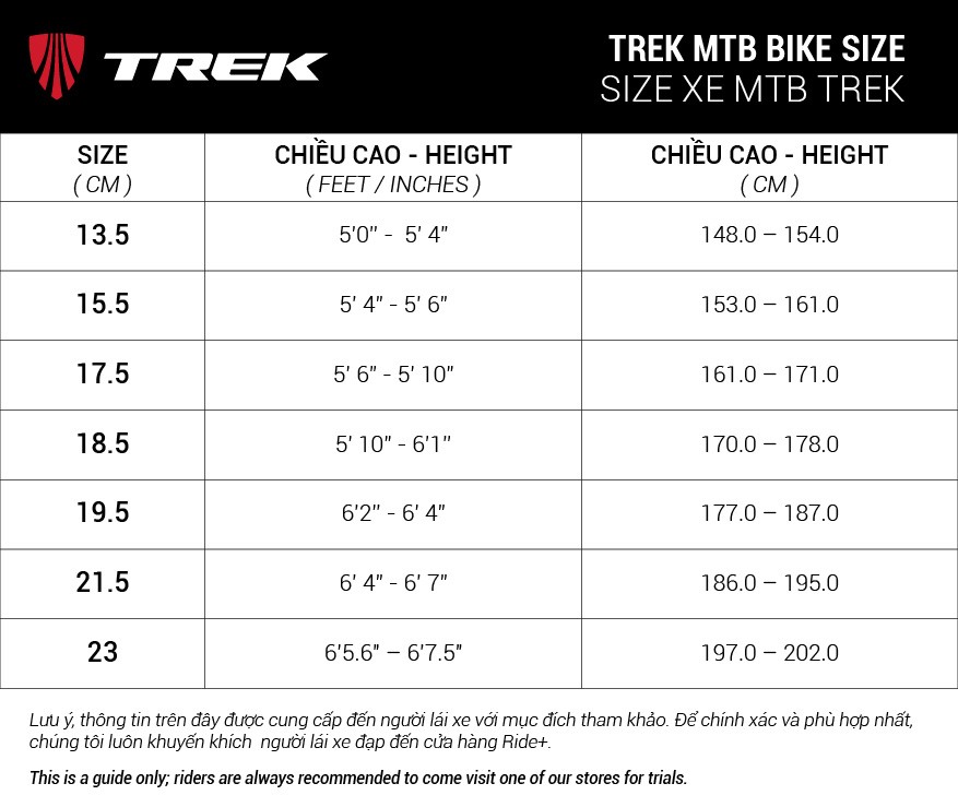 trek hybrid frame size chart