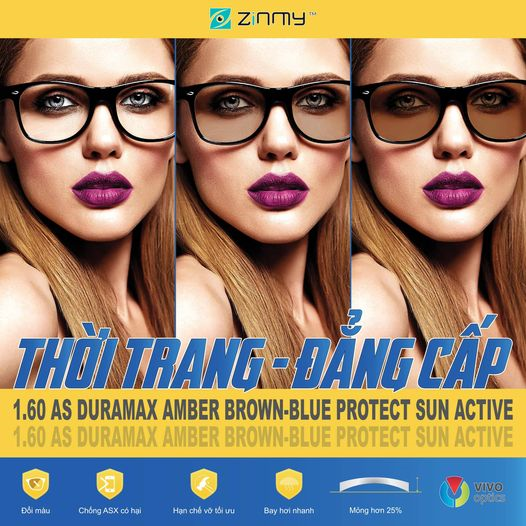 Tròng Kính Mỏng Đổi Màu Chống Ánh Sáng Xanh Zinmy Duramax Amber Brown Blue Protect Sun Active 1.60 AS