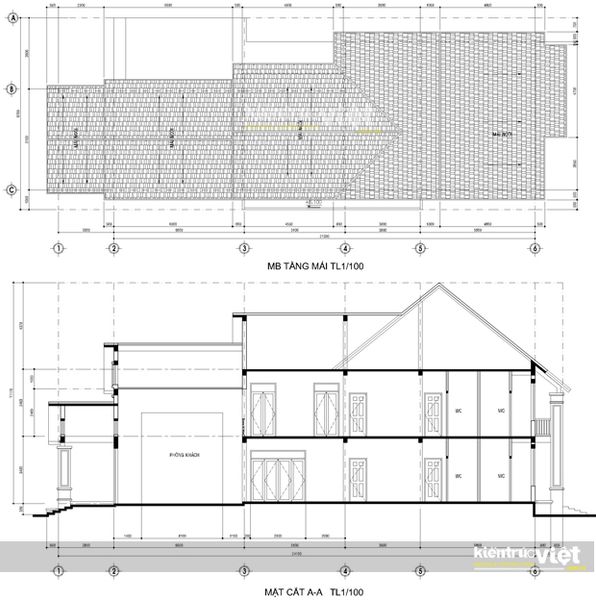Biệt thự mái ngói 1 trệt 1 lửng mặt cắt