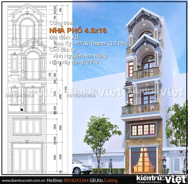 mẫu nhà ống 4 tầng ngang 4,5m