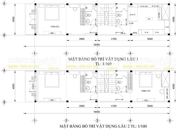 mặt bằng nhà 5 tầng 70m2