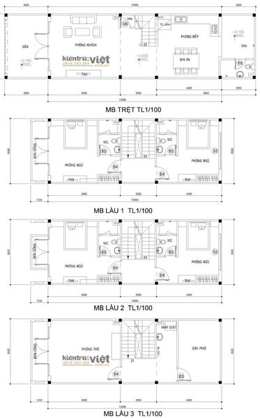 mặt bằng thiết kế nhà phố 5mx16m 4 tầng