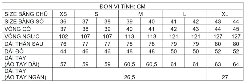 Hệ thống size quần áo Việt Tiến