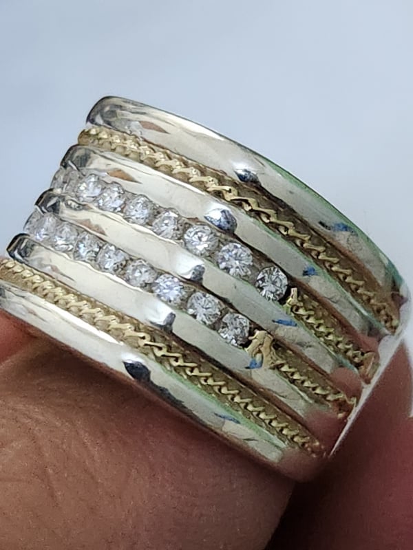 nhẫn mỹ bạc xưa 925 ốp vàng 14k cẩn 20 viên xoàn Moissanite