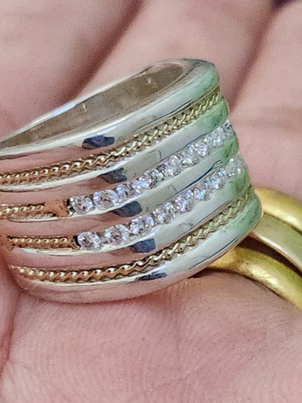 nhẫn mỹ bạc xưa 925 ốp vàng 14k cẩn 20 viên xoàn Moissanite