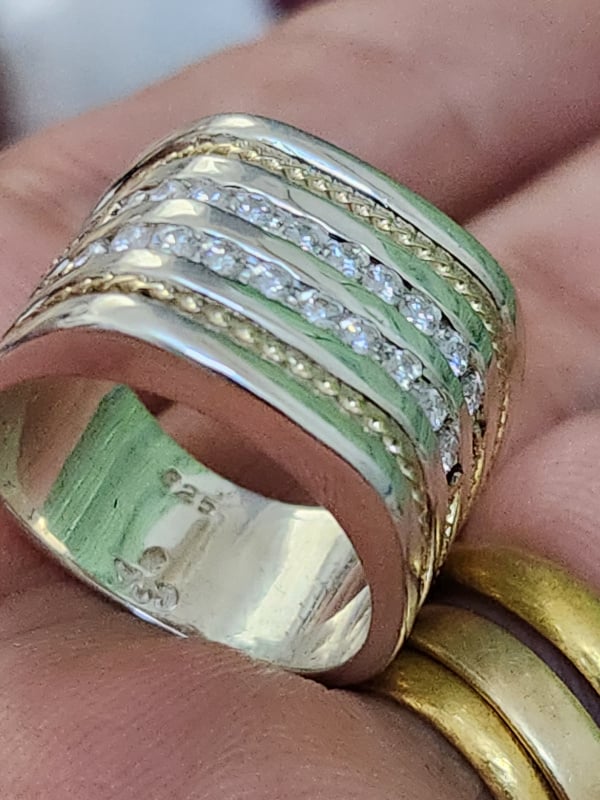nhẫn mỹ bạc xưa 925 ốp vàng 14k cẩn 20 viên xoàn Moissanite