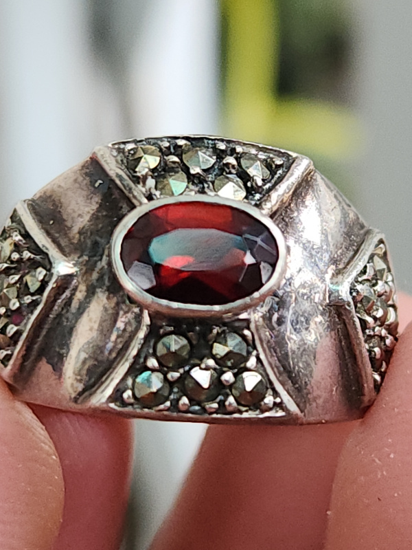 nhẫn mỹ bạc xưa cho nam đẹp đính đá đỏ