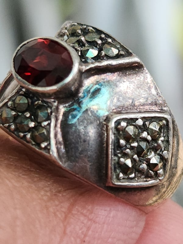 nhẫn mỹ bạc xưa cho nam đẹp đính đá đỏ