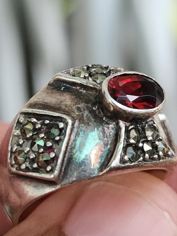 nhẫn mỹ bạc xưa cho nam đẹp đính đá đỏ