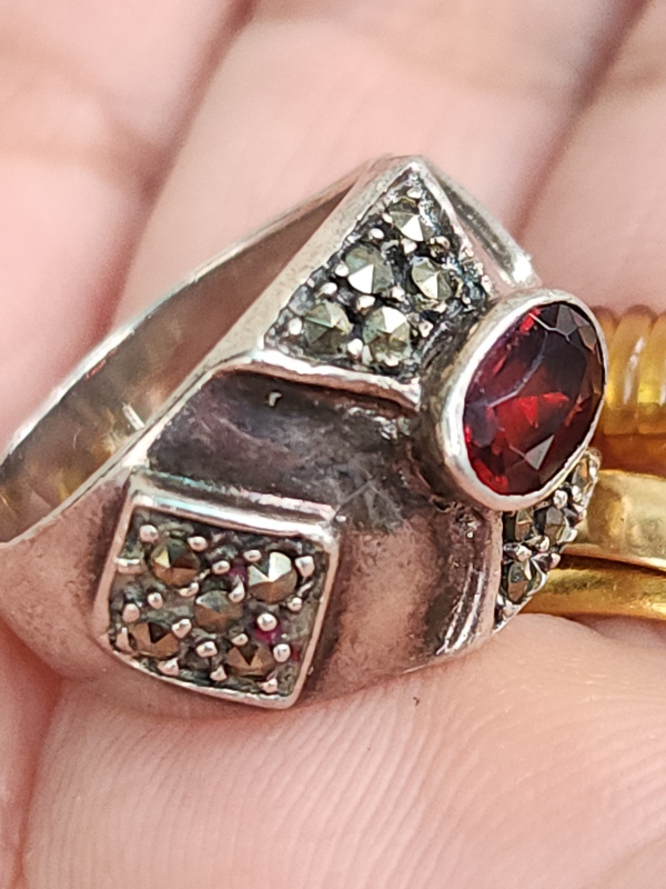 nhẫn mỹ bạc xưa cho nam đẹp đính đá đỏ