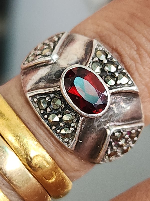 nhẫn mỹ bạc xưa cho nam đẹp đính đá đỏ