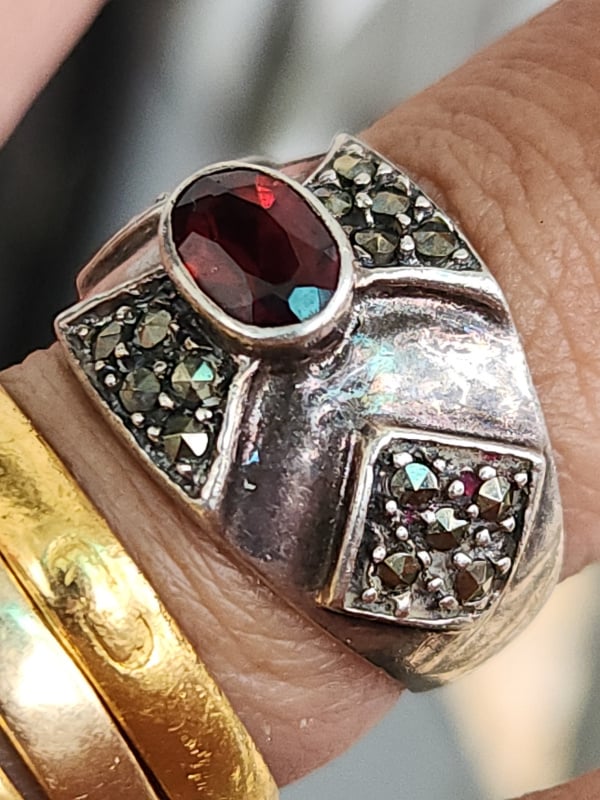 nhẫn mỹ bạc xưa cho nam đẹp đính đá đỏ