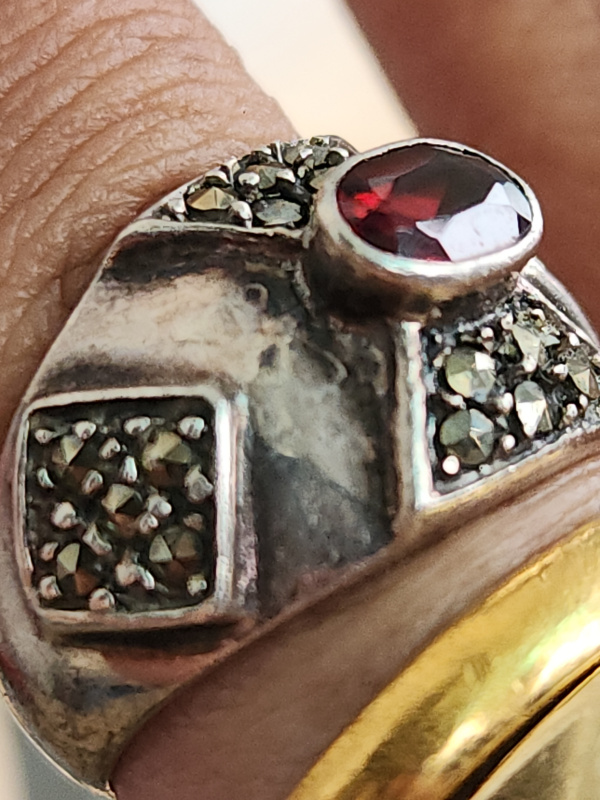 nhẫn mỹ bạc xưa cho nam đẹp đính đá đỏ