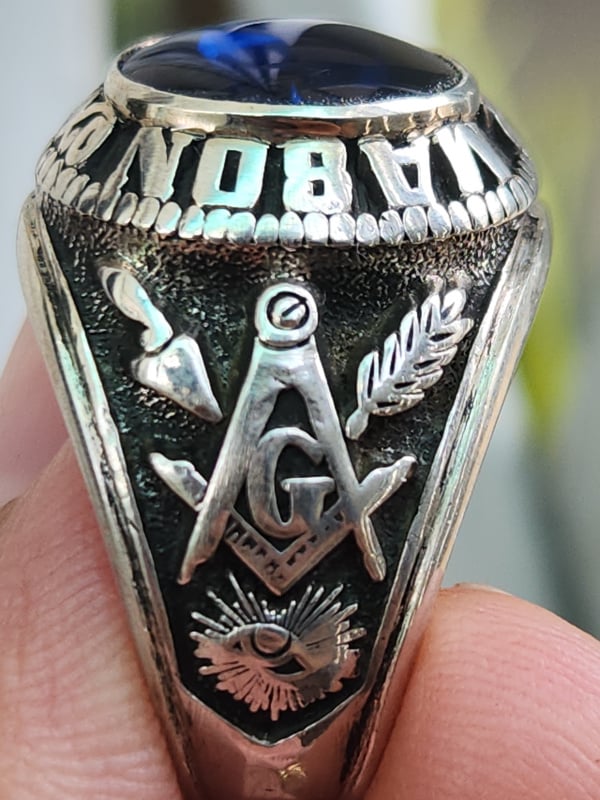 nhẫn mỹ xưa hội tam điểm Masonic bạc xưa sterling