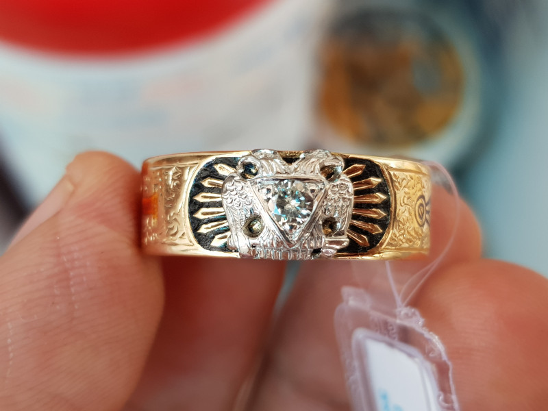 nhẫn mỹ xưa masonic vàng 14k xoàn thiên nhiên