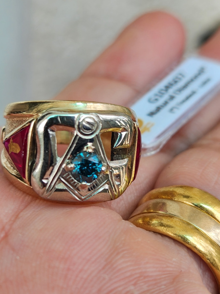 nhẫn mỹ xưa vàng 10k masonic kim cương xanh 4ly5 thiên nhiên
