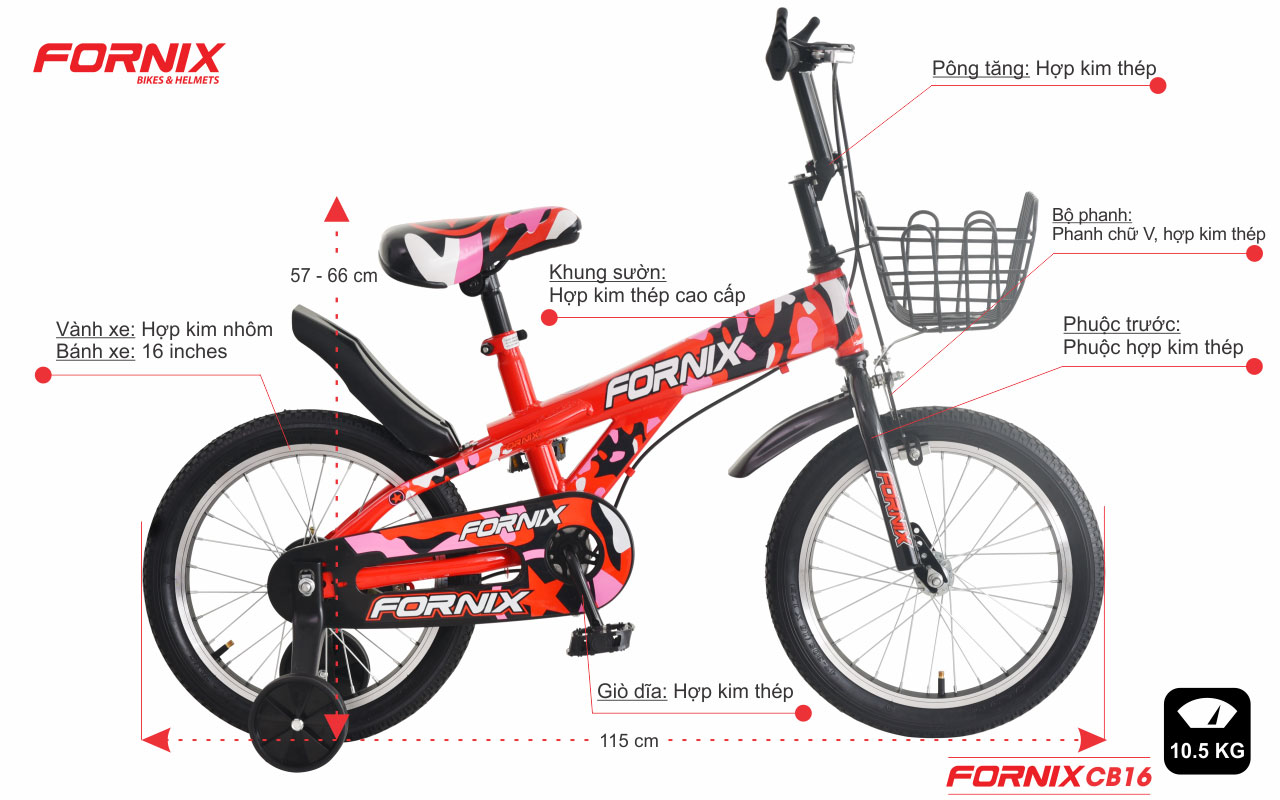 chi tiết xe đạp trẻ em fornix cb16