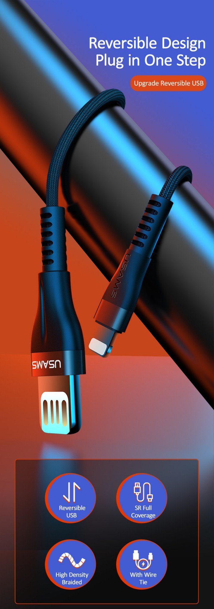 Cáp sạc tích hợp truyền dữ liệu có thể đảo chiều siêu mỏng USAMS US-SJ360 U33 Ultra-thin Reversible USB Charging and Data Cable 1.2m