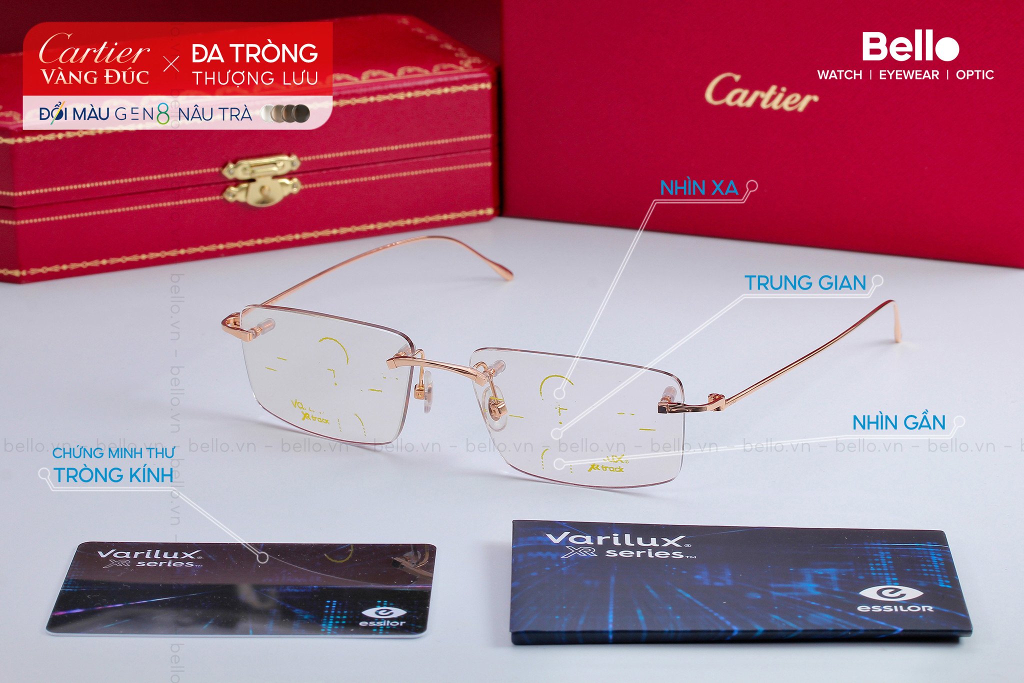 Kính Cartier vàng đúc 18K lắp đa tròng đổi màu Essilor Varilux XR Series