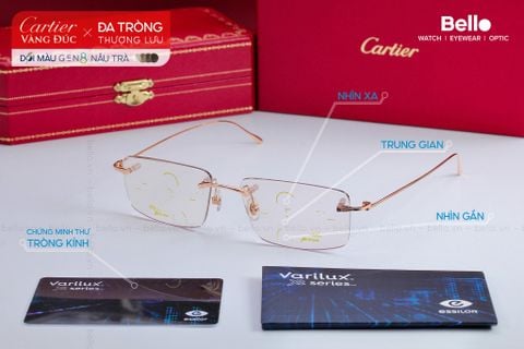 Kính Cartier vàng đúc 18K lắp đa tròng đổi màu Essilor Varilux XR Series