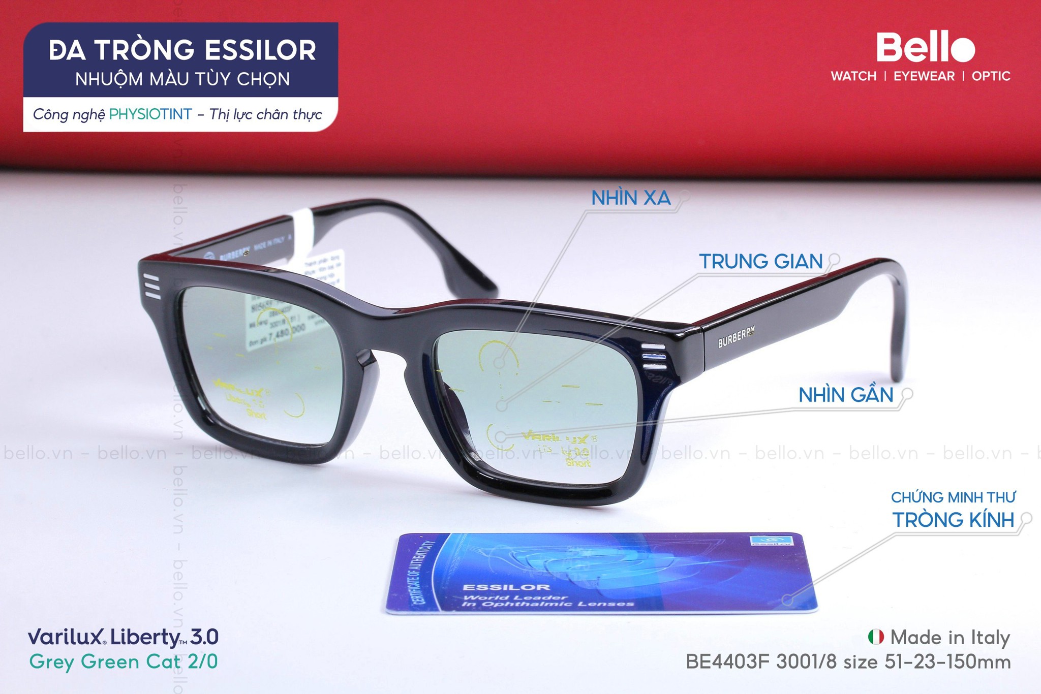 Thành phẩm đa tròng Essilor Varilux Liberty 3.0 nhuộm màu Xanh Lá trên đậm dưới nhạt Cat 2/0 Grey Green tại Bello Eyewear