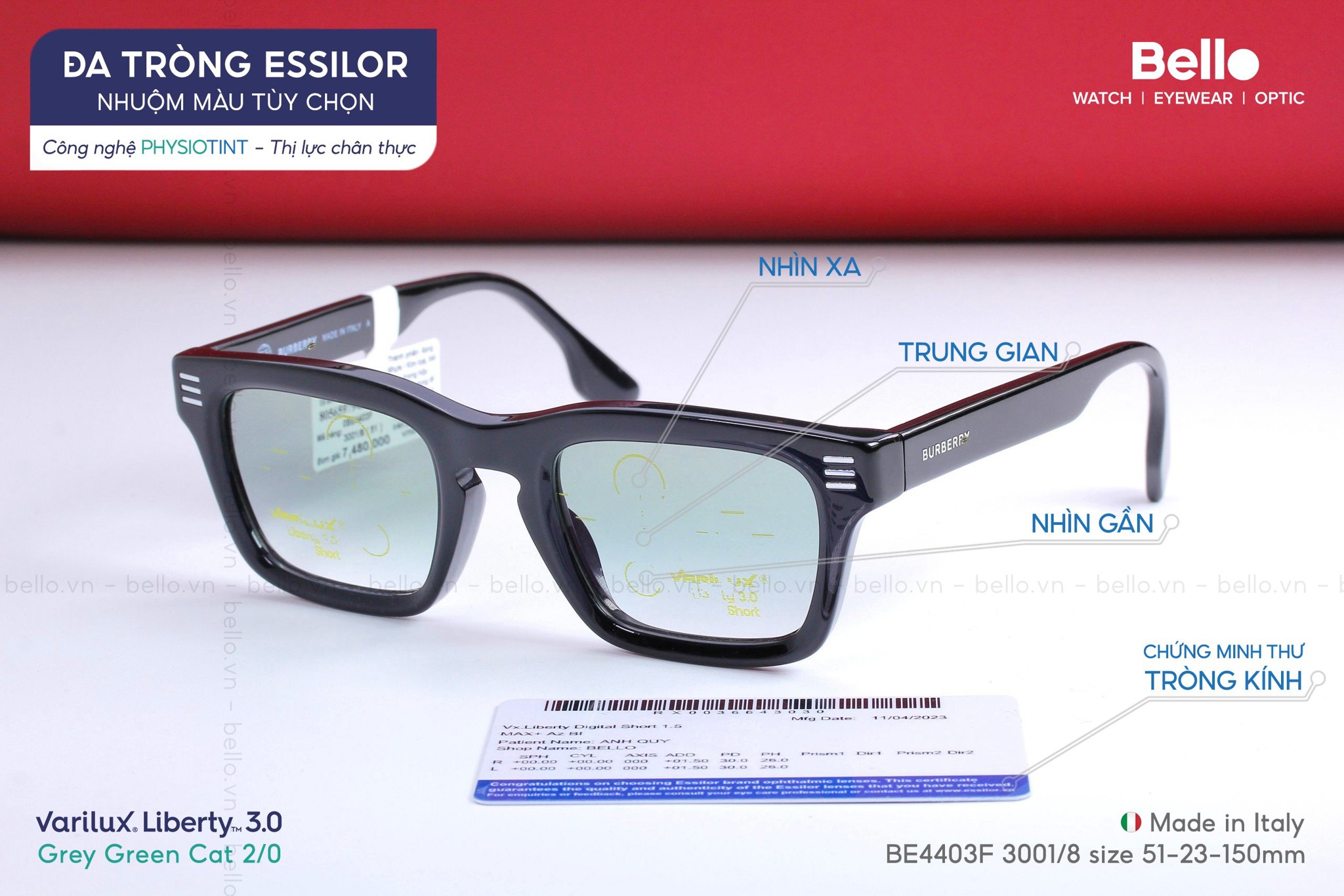 Thành phẩm đa tròng Essilor Varilux Liberty 3.0 nhuộm màu Xanh Lá trên đậm dưới nhạt Cat 2/0 Grey Green tại Bello Eyewear