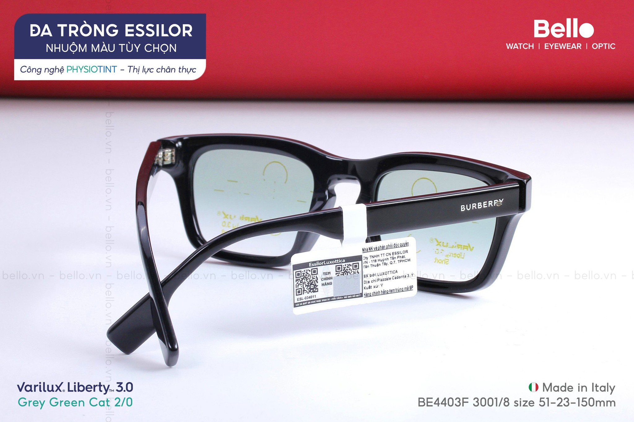 Thành phẩm đa tròng Essilor Varilux Liberty 3.0 nhuộm màu Xanh Lá trên đậm dưới nhạt Cat 2/0 Grey Green tại Bello Eyewear