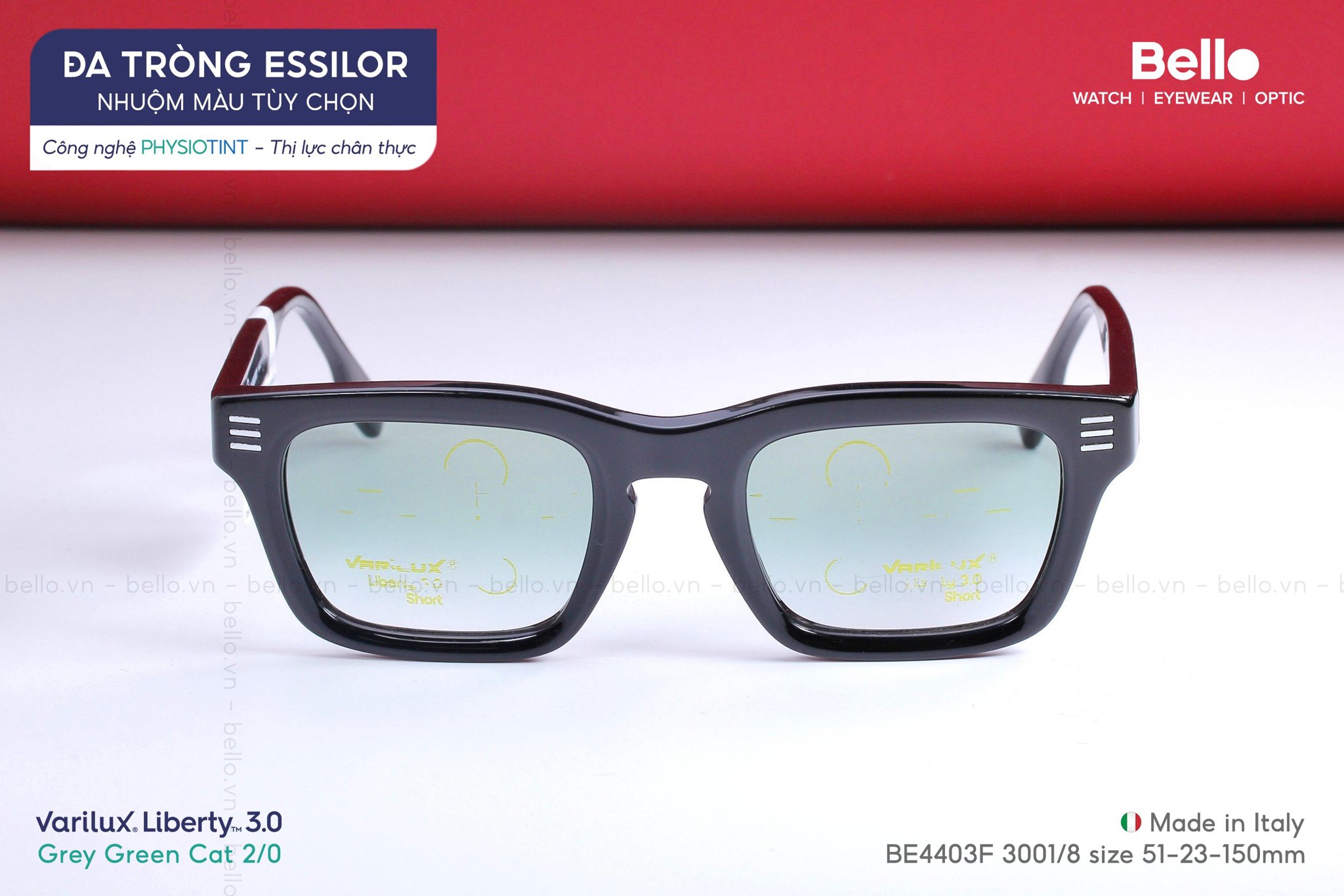 Thành phẩm đa tròng Essilor Varilux Liberty 3.0 nhuộm màu Xanh Lá trên đậm dưới nhạt Cat 2/0 Grey Green tại Bello Eyewear