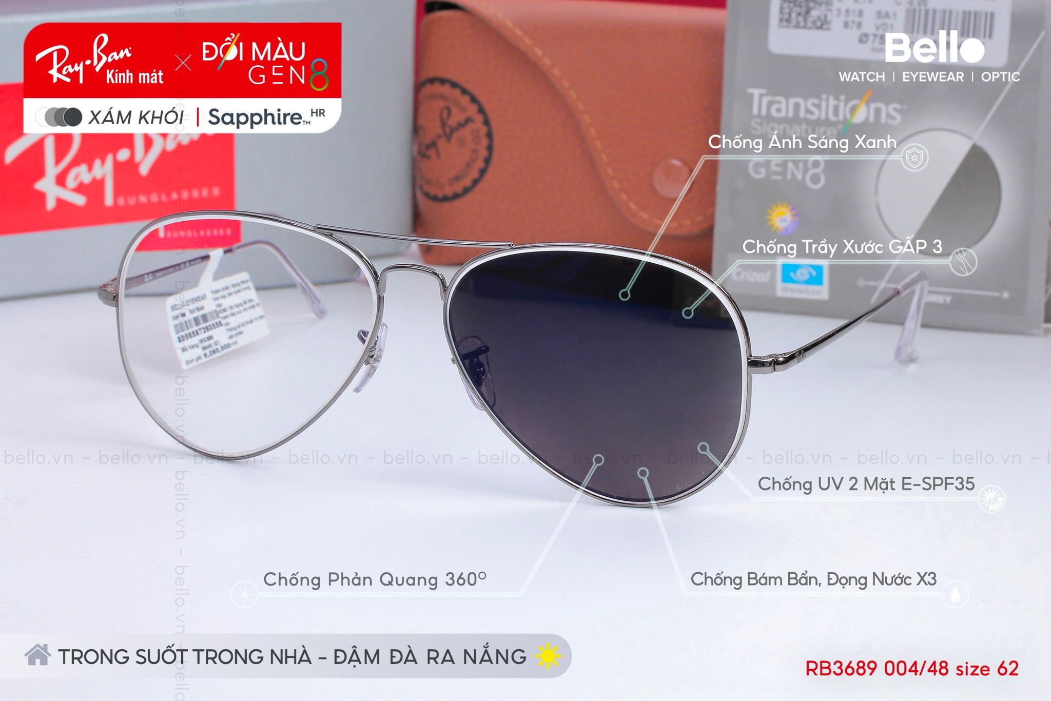 Kính Mát Ray Ban Lắp Tròng đổi Màu Essilor Transitions Signature Gen 8 Bello