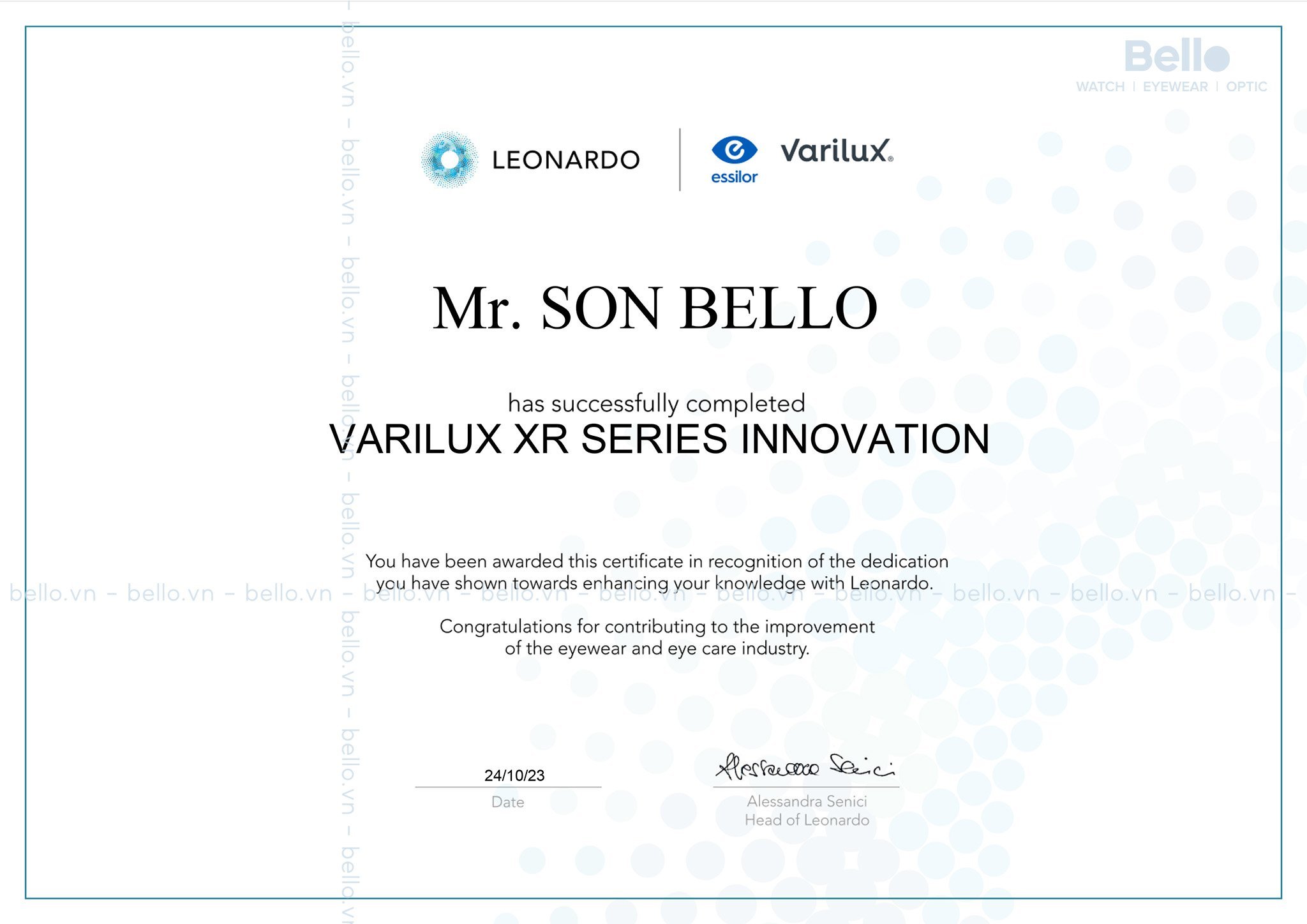 Chứng nhận kiến thức về Varilux XR Series