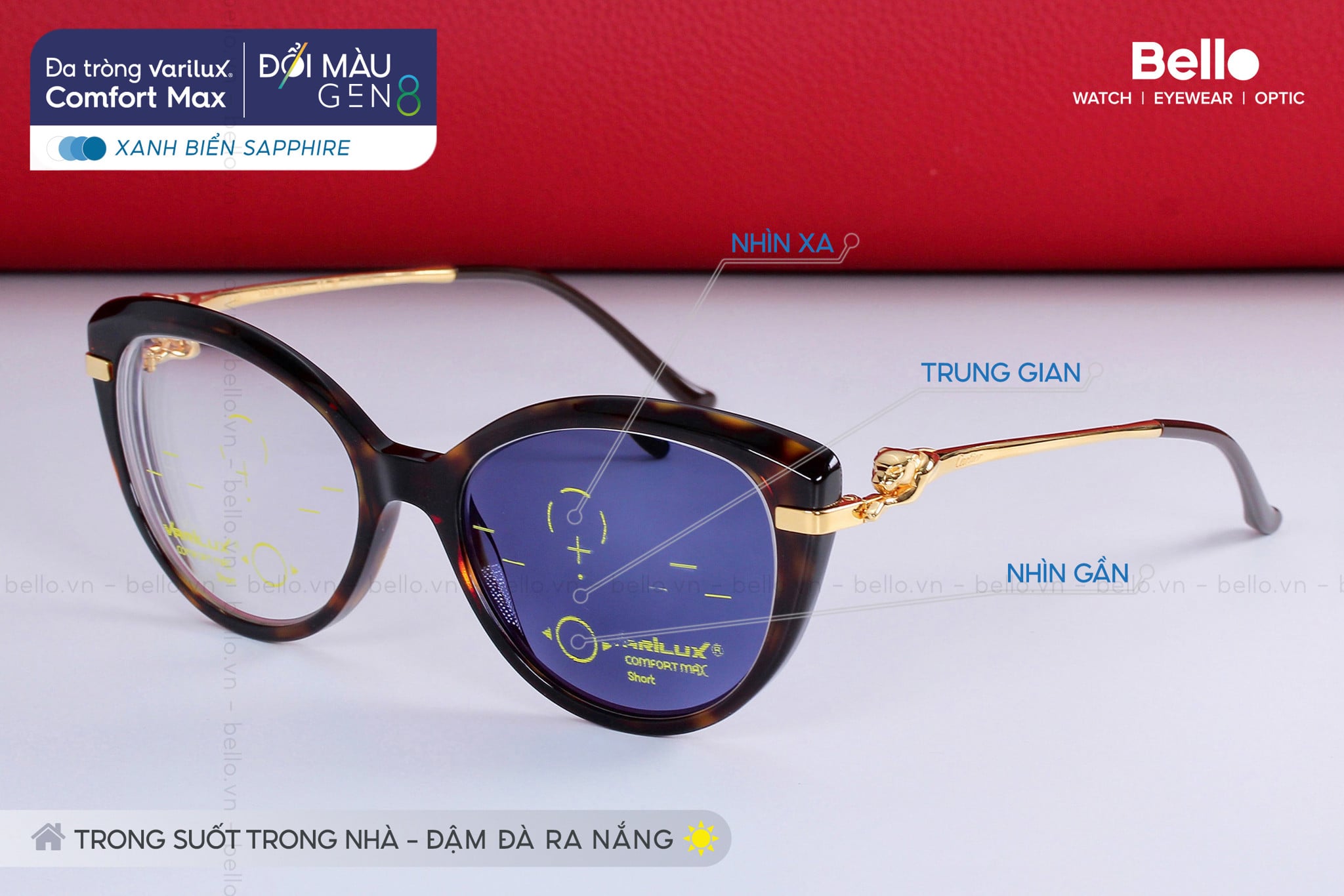 Thành phẩm đa tròng Essilor Varilux Comfort Max đổi màu Gen 8 Xanh Sapphire cùng Cartier gọng đầu báo Panthère de Cartier&nbsp;CT0283O 003 mạ vàng 12 karat