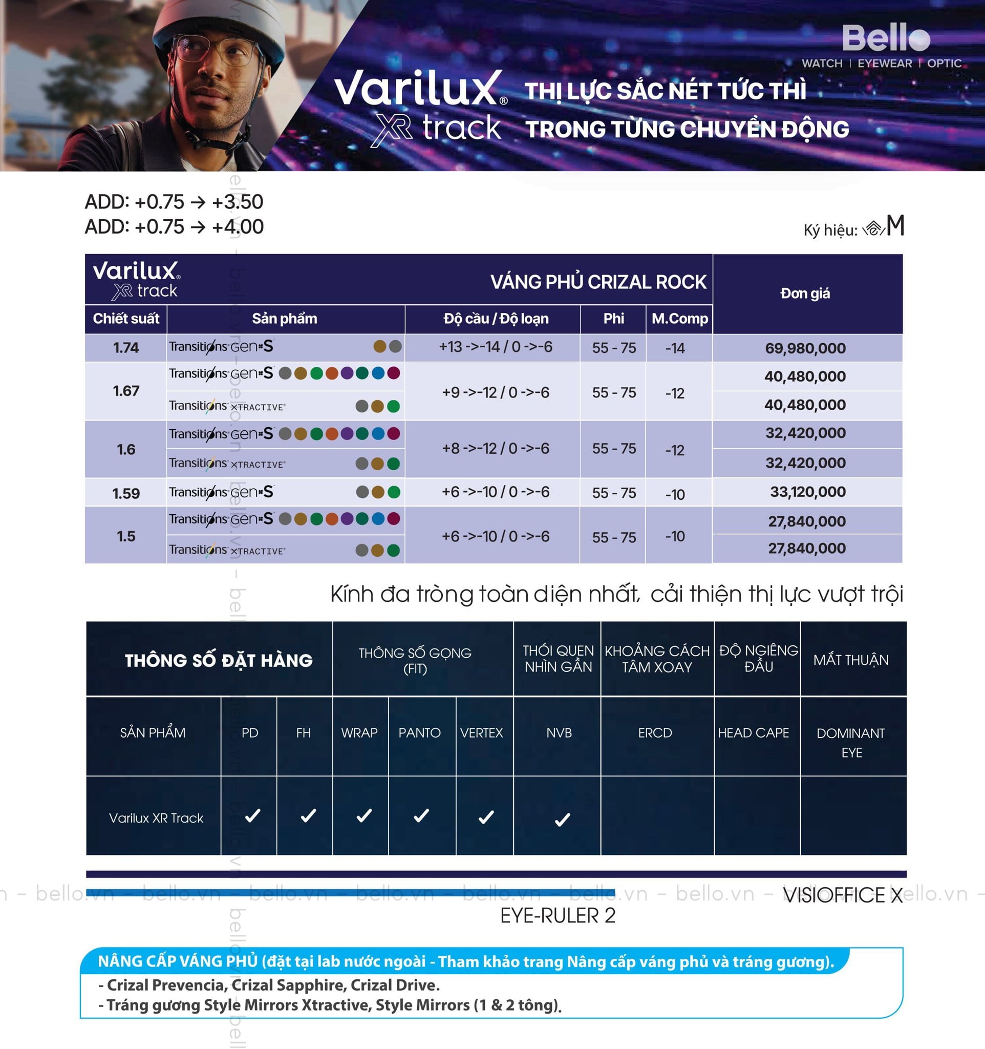 - Đổi màu Gen S kết hợp thiết kế đa tròng thượng lưu Varilux XR Series XR Track, váng phủ Crizal Rock&nbsp;sản xuất tại Nước Ngoài