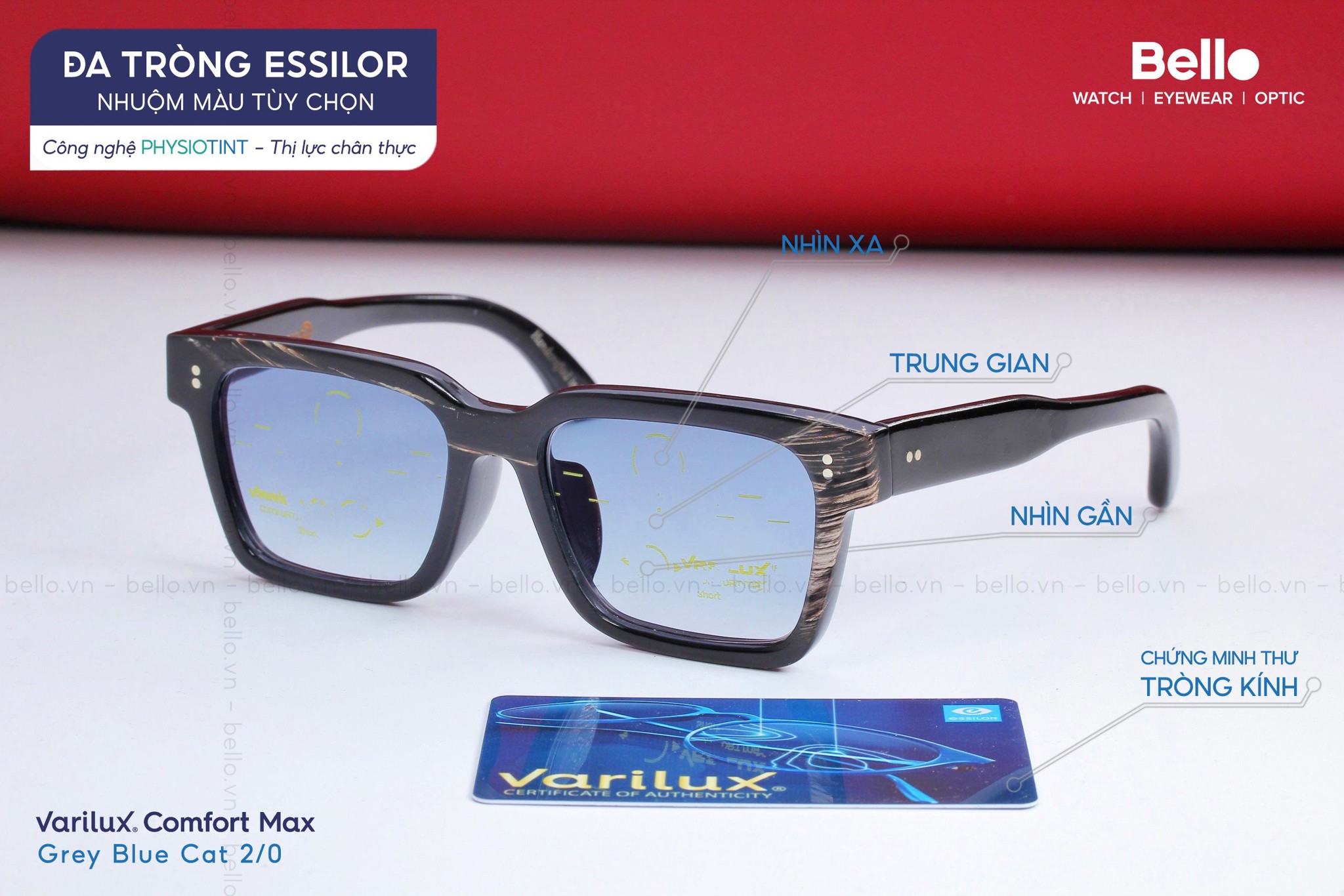 Thành phẩm đa tròng Essilor Varilux Comfort Max nhuộm màu Xanh Biển trên đậm dưới nhạt Cat 2/0 Grey Blue tại Bello Eyewear