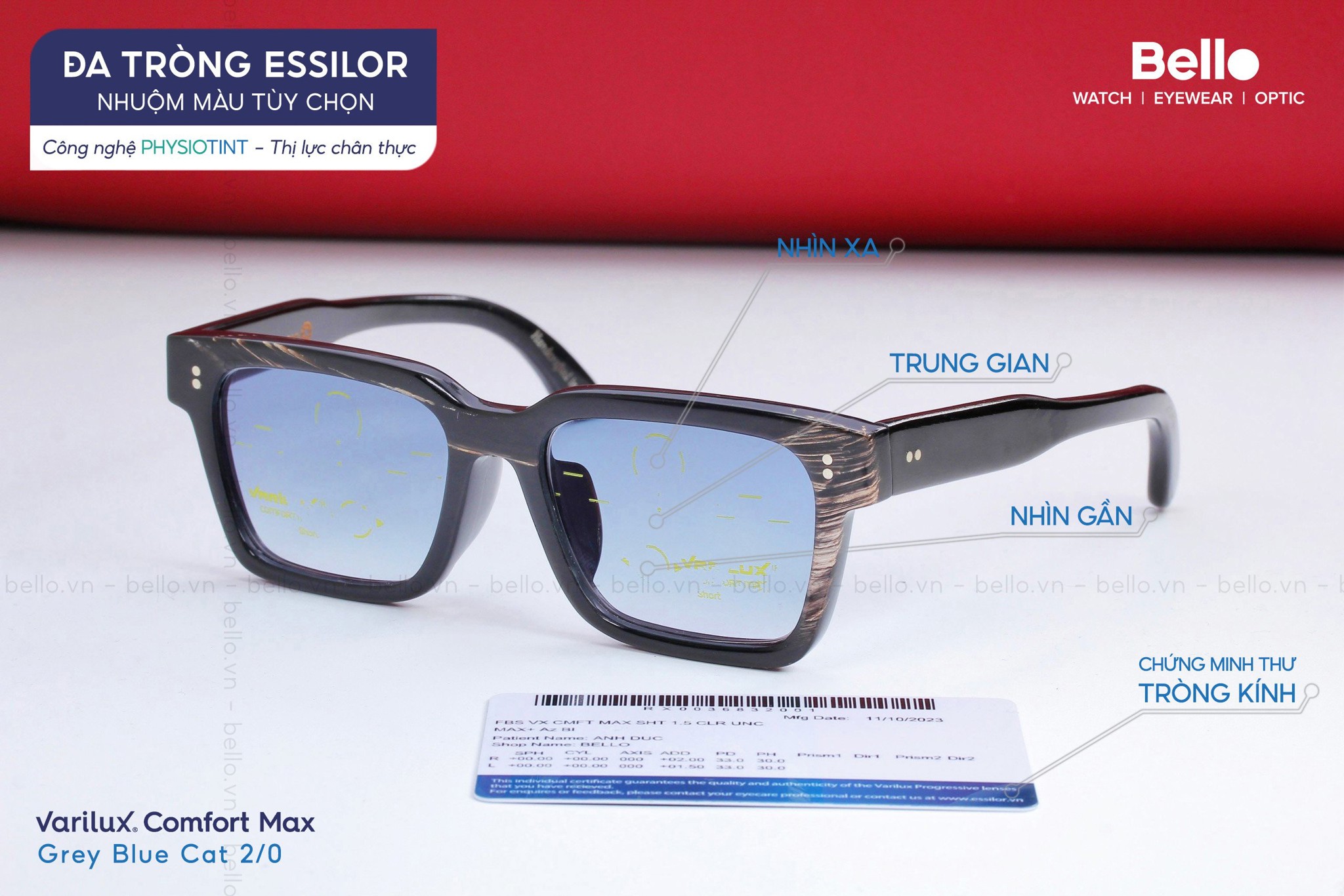 Thành phẩm đa tròng Essilor Varilux Comfort Max nhuộm màu Xanh Biển trên đậm dưới nhạt Cat 2/0 Grey Blue tại Bello Eyewear