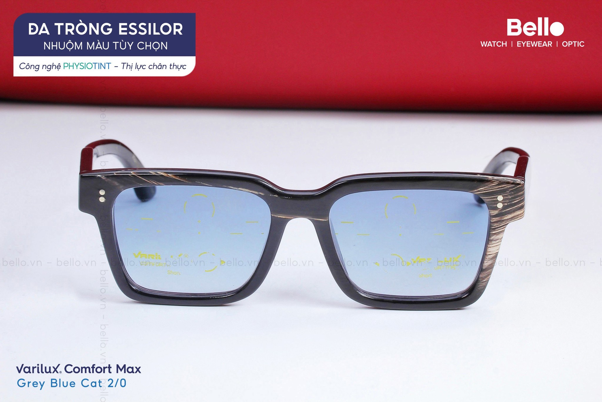 Thành phẩm đa tròng Essilor Varilux Comfort Max nhuộm màu Xanh Biển trên đậm dưới nhạt Cat 2/0 Grey Blue tại Bello Eyewear